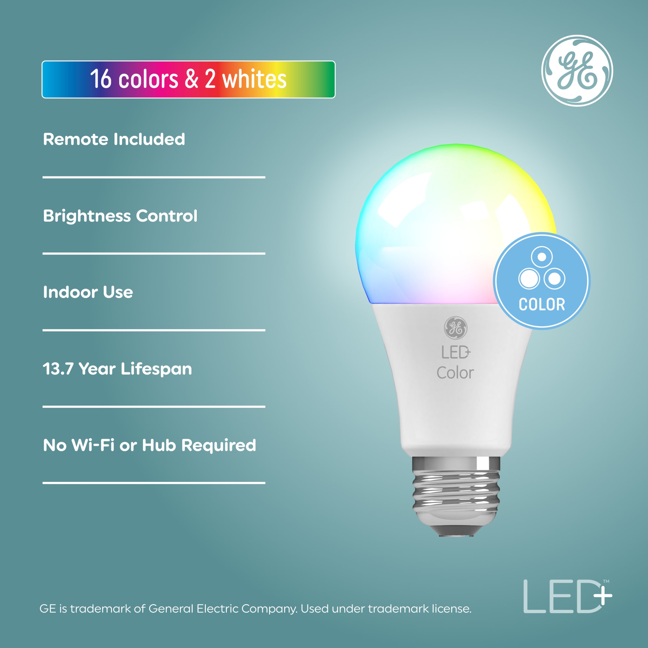 GE LED+ Color A19 Smart Bulb, 16 Colors, Remote Control (2 Pack) photo 2