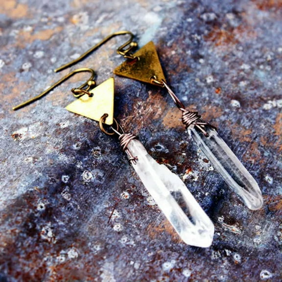 HOOUN Natural Clear Quartz Crystal Earrings Triangle Geometry Celestial Jewelry Gift-Clear Quartz-Triangle