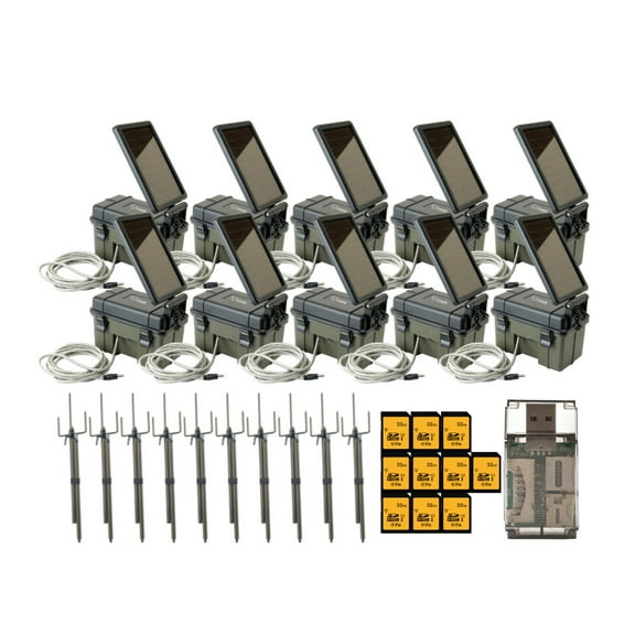 HME Trail Camera 12V with Solar Auxiliary Power Pack (10-Pack) Bundle with Trail Camera Mount Stick (10-Pack), 32GB Ultra SDHC UHS-I Memory Card (20-Pack), and SD USB 2.0 Card Reader (41 Items)