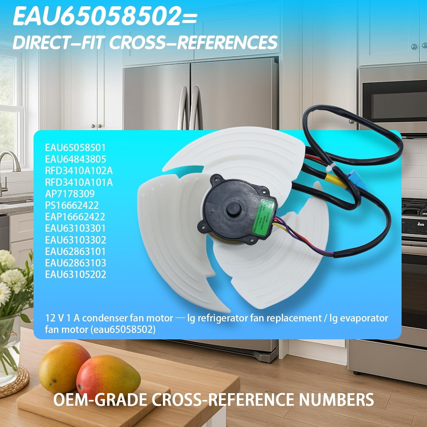 Upgraded EAU65058502 EAU65058501 Refrigerator Condenser Fan Motor with Blade 12 V 1 A Quiet Replacement For LG & Kenmore French-Door/SxS Fridges – Replaces EAU64843805 RFD3410A102A AP7178309