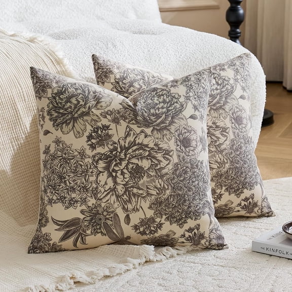 Floral Vintage Pillow Covers 18x18 Inch Set of 2 Block Print Pillow Covers Decorative Throw Pillow Covers Neutral Accent Couch Pillows for Living Room Sofa Boho Farmhouse Home Decor