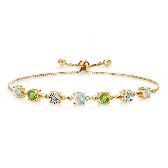 Gem Stone King 2.61 Ct Round Cabochon White Simulated Opal Green Peridot 18K Yellow Gold Plated Silver Lab Grown Diamond Tennis Bracelet for Women (Fully Adjustable up to 9 inch)