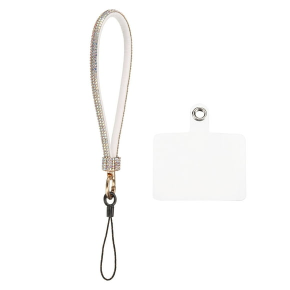 1 Pcs Lanyard para Teléfono, Correa de Muñeca Desmontable con Brillos y Parches para Funda de Teléfono, Blanca
