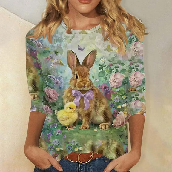 Royisotas Women's Easter Shirts Easter Bunny Printed T Shirts Funny Rabbit Easter Graphic Tee Happy Easter Holiday Top
