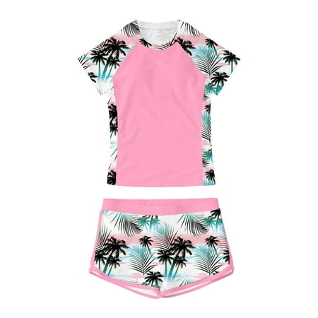 RMGVDSD Girls Swimsuit Bathing Suit Girls Two Piece Swimwear Summer Beach Tropical Floral Print Short Sleeve Round Neck Tops With Shorts Set 11-12 Years