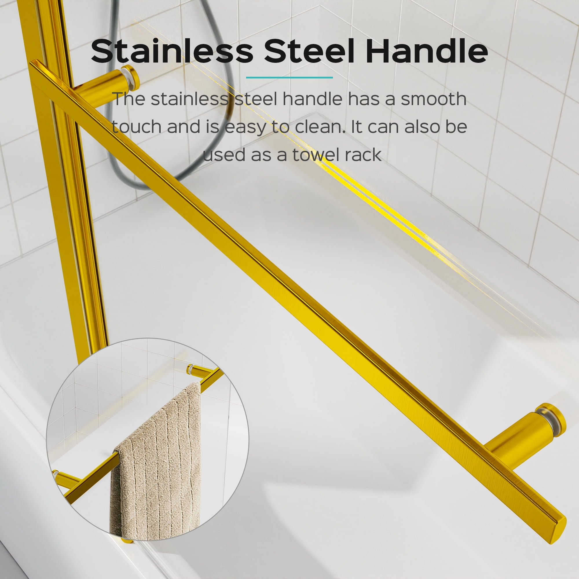 MAYEERTY 43*58" Frameless Folding Shower Door for Bathtub, Tempered Glass, Brushed Gold, Space-Saving, Easy Instal