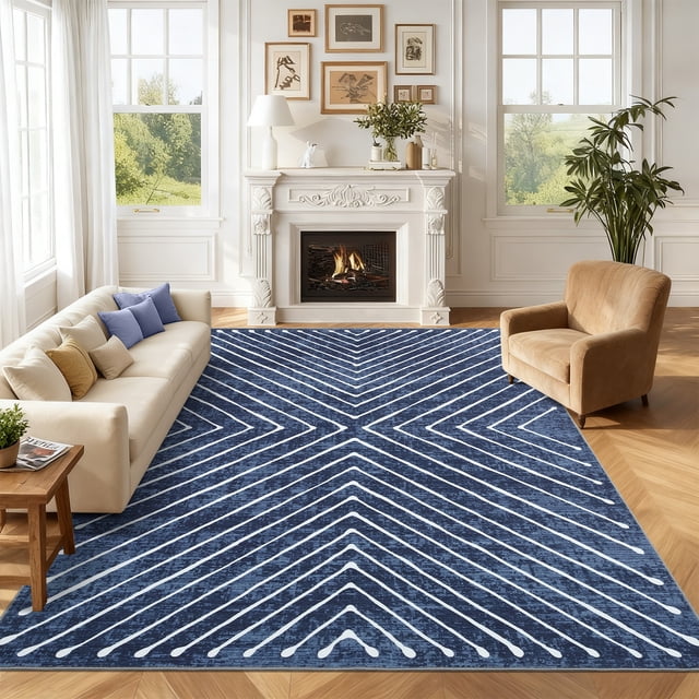 HIWEAVER Modern Geometric Striped Pet Friendly Area Rug for Living Room Washable 5' x 7' Neutral Indoor Decor Carpet, Navy