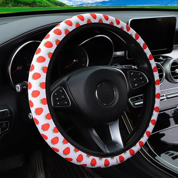 Cute Steering Wheel Cover 38cm/15in Strawberry Pattern Steering Wheel Protector Universal for Girls Lady