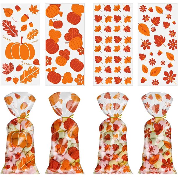 100 bolsas de celofán para aperitivos de Acción de Gracias, fiesta de cosecha de otoño, embalaje de galletas, patrón de hoja de arce de calabaza transparente, suministros de dulces, nudos dorados, na JAMW Sencillez