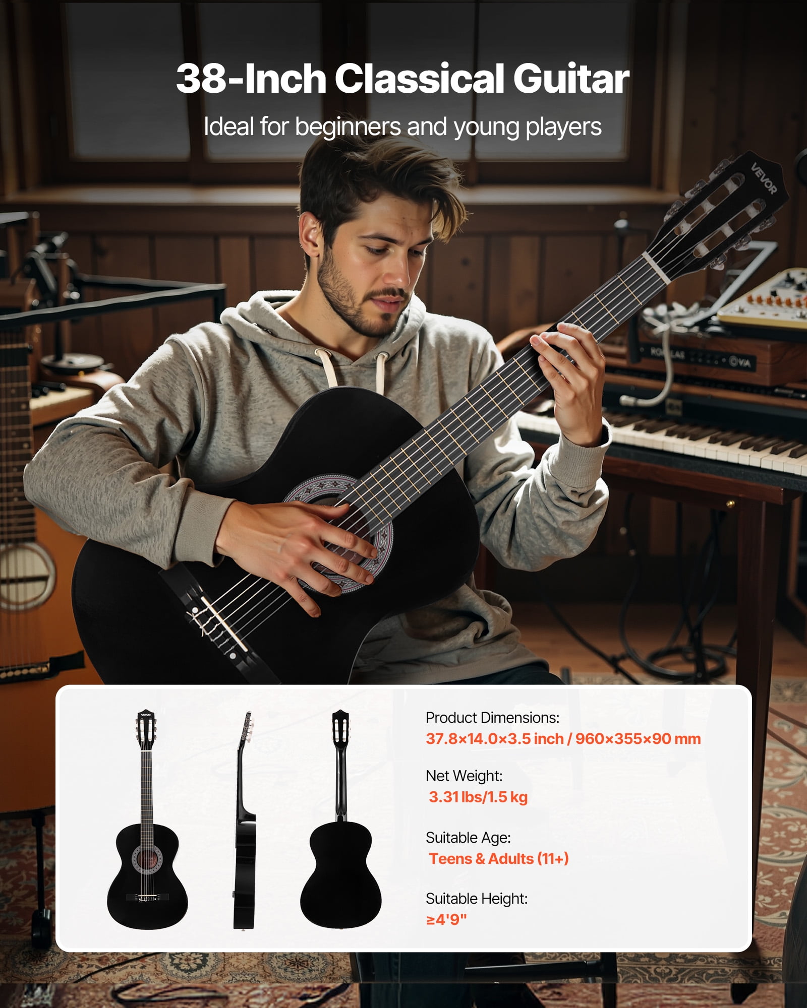 VEVOR 38in Classical Guitar, Wood Guitar Starter Kit for Beginners, with Nylon Strings, Gig Bag, Strap, Tuner, Extra Strings, Picks, Capo, Basswood,for Teenagers Adults Students, Black