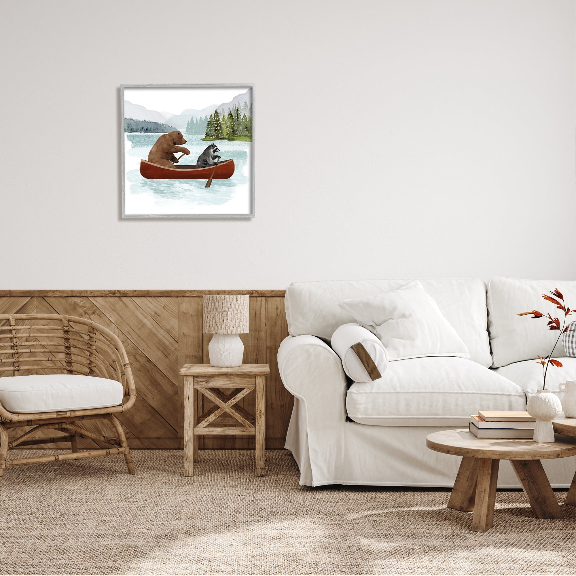Stupell Industries Raccoon & Bear Canoeing Animals & Insects Painting Gray Framed Art Print Wall Art, 24 x 24