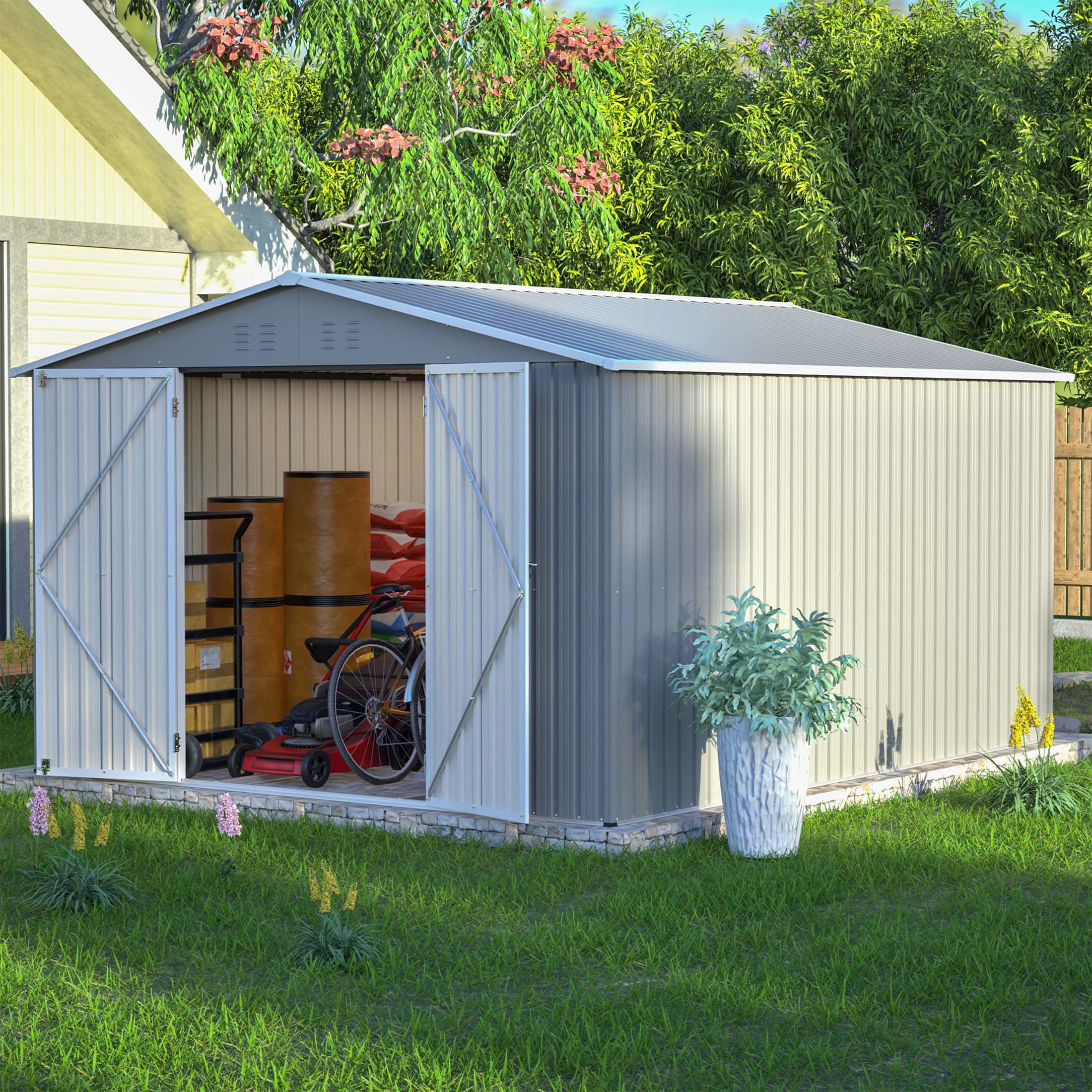LZBEITEM 10 x 12 ft. Outdoor Storage Shed with Floor Frame Kit, Galvanized Steel Garden Shed, Metal Tool Sheds with Double Lockable Doors for Backyard Patio Lawn, Gray