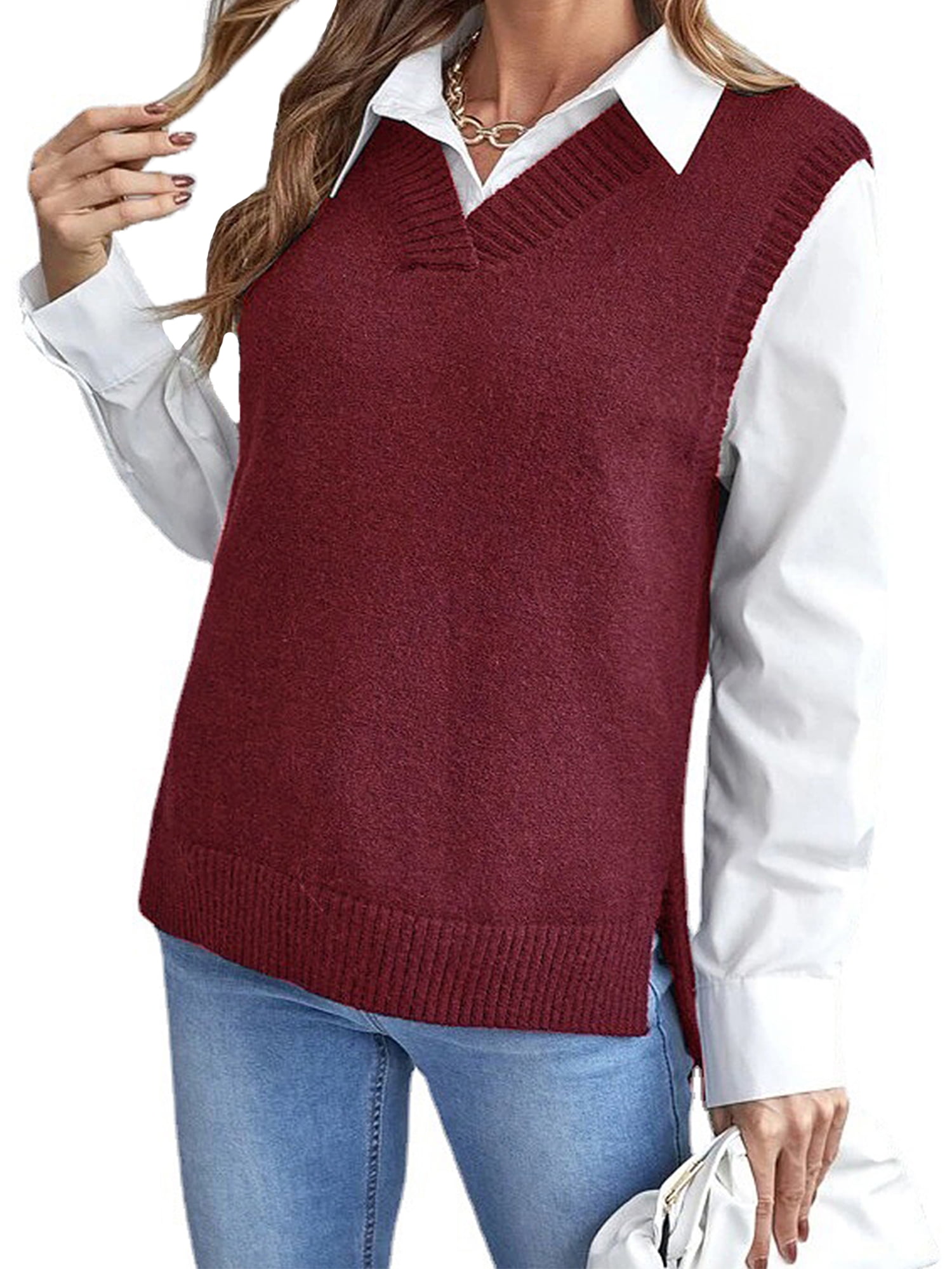 Ladies' V-Neck Shell Sweater - Sunset Red