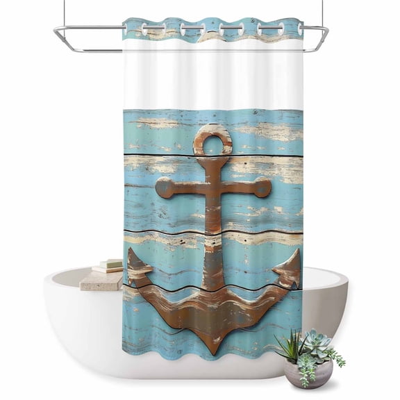 No Hook Shower Curtain with Built-in Rings - Retro Nautical Washable Waterproof Fabric Bathroom Curtains for Hotel,Rentals, Stall 54 X 78 Inch , Anchor Wood Texture Brown Turquoise