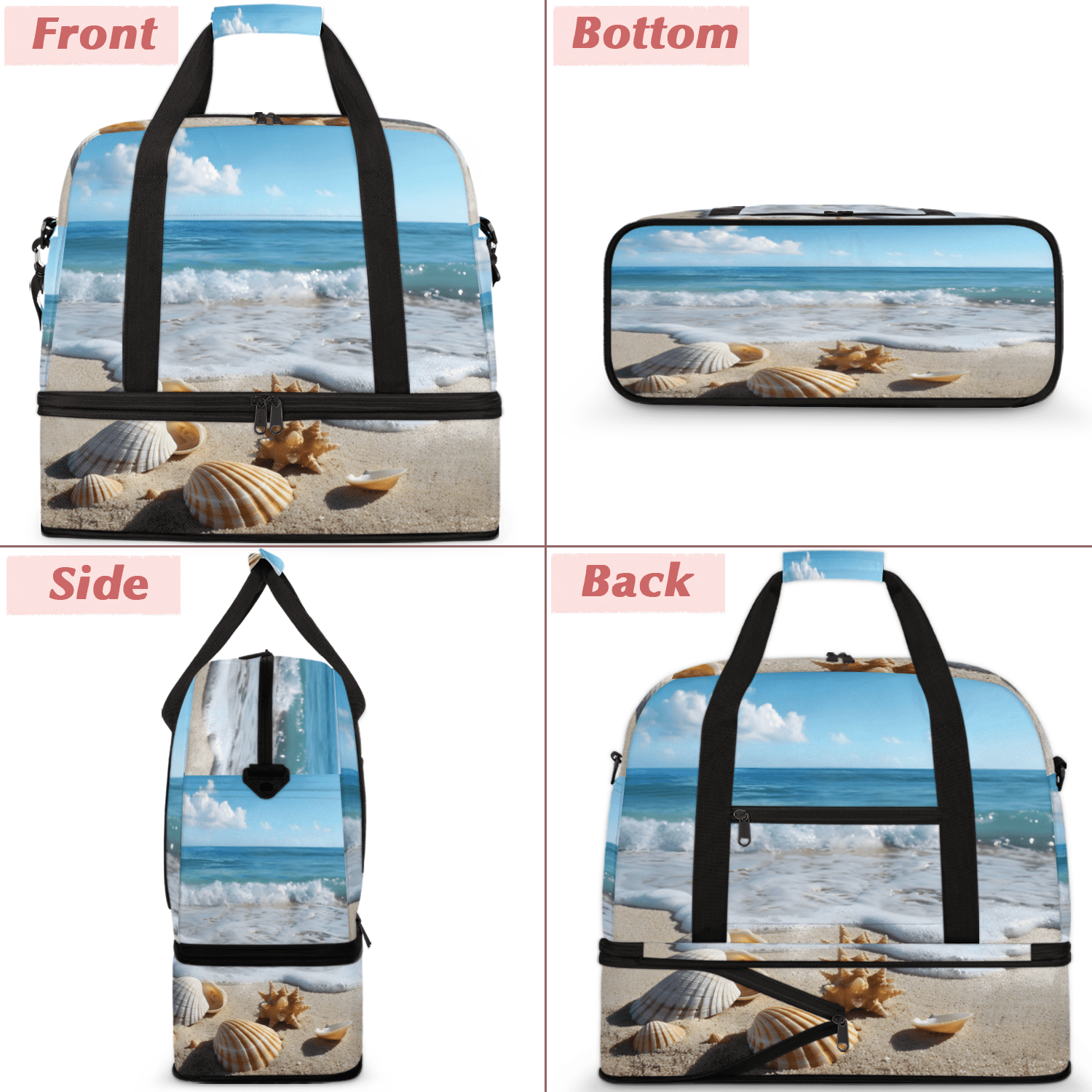 Herdesigns Beach Seashell Starfish Foldable Travel Duffel Bag with Shoe Compartment, Weekend Overnight Carry On Bags for Men Women, Large Sports Gym Luggage