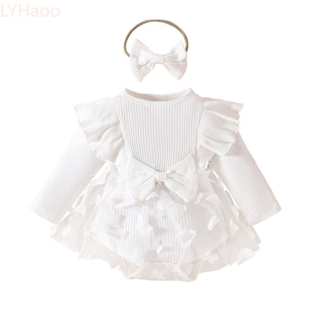 LYHaoo One-Piece Romper Girls Long Sleeve Ribbed Bowknot Romper Bodysuits Dress Sizes 6-9 Months