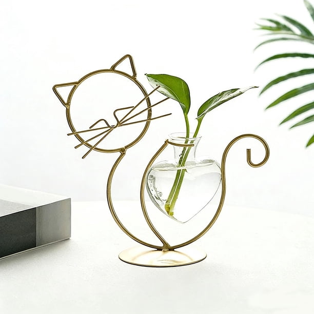 Jarrón de hierro en forma de gato con exhibición de planta hidropónica, adorno decorativo para el hogar en sala de estar y mesa de comedor, dorado o negro, 28.5x12 cm