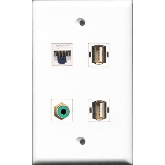 RiteAV 1 Port RCA Green 2 Port USB A-A and 1 Port Cat5e Ethernet White Wall Plate
