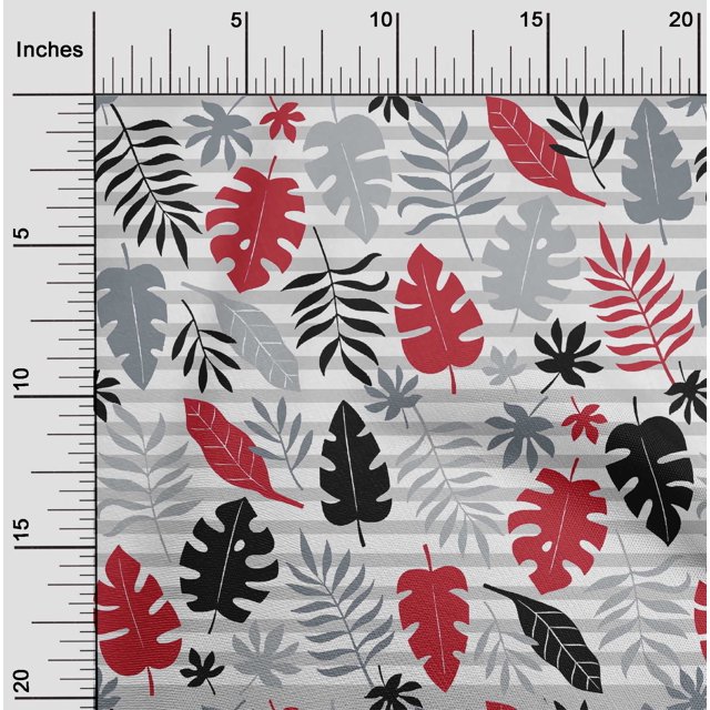 oneOone Coton Popeline Rouge Clair Tissu Rayé & Feuilles Bloc Robe Tissu Tissu Imprimé par la Cour 56 Pouces de Large