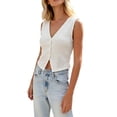 thumbnail image 4 of Women's Solid Color V Neck Three Button Knit Sweater Vest, Cropped Sleeveless Casual Top, Lightweight for Summer Going Out Outfits, Soft and Breathable White S, 4 of 10