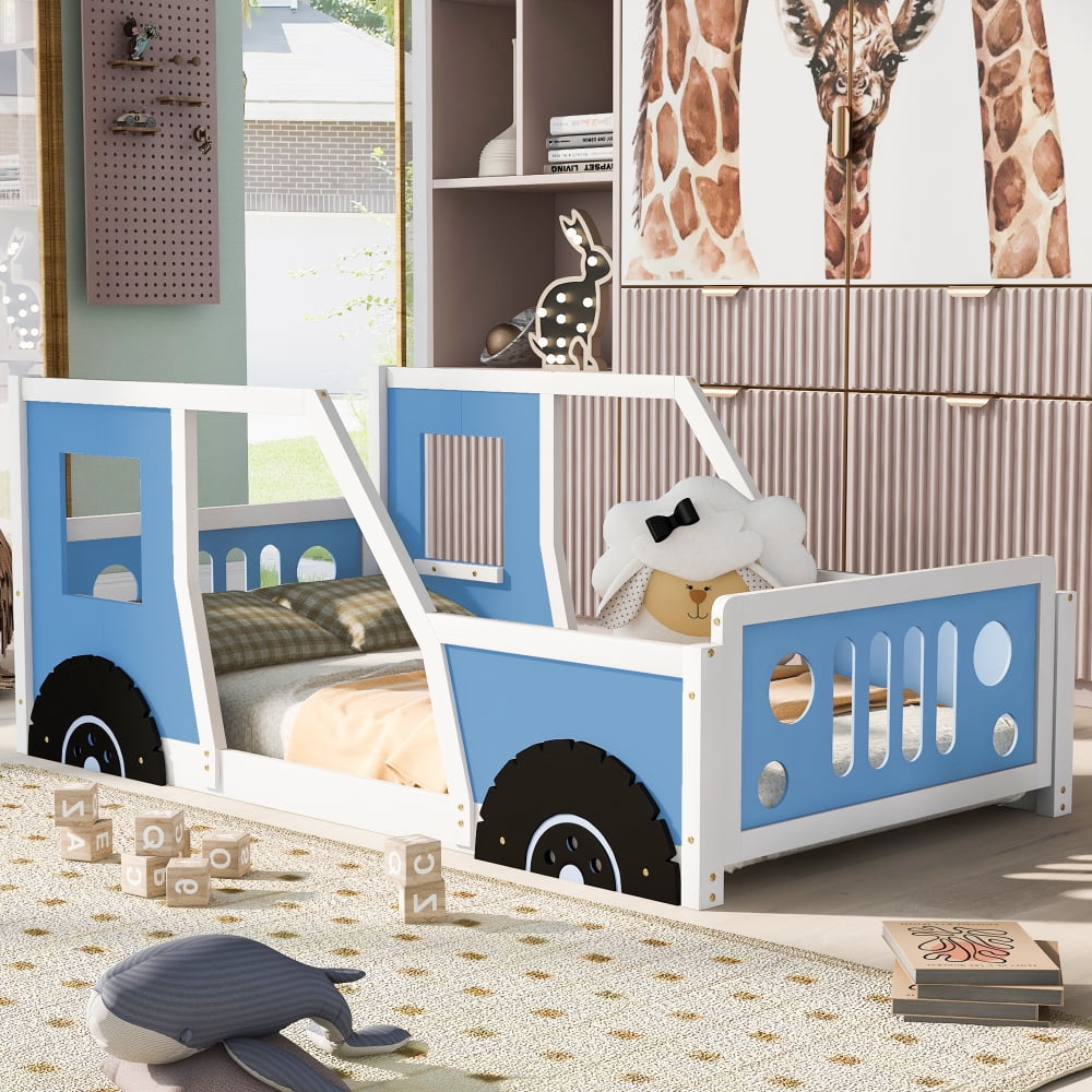 Gzxs Twin Size Platform Bed Classic Car-Shaped Wooden Bed Frame with Wheels for Bedroom Playroom, Blue