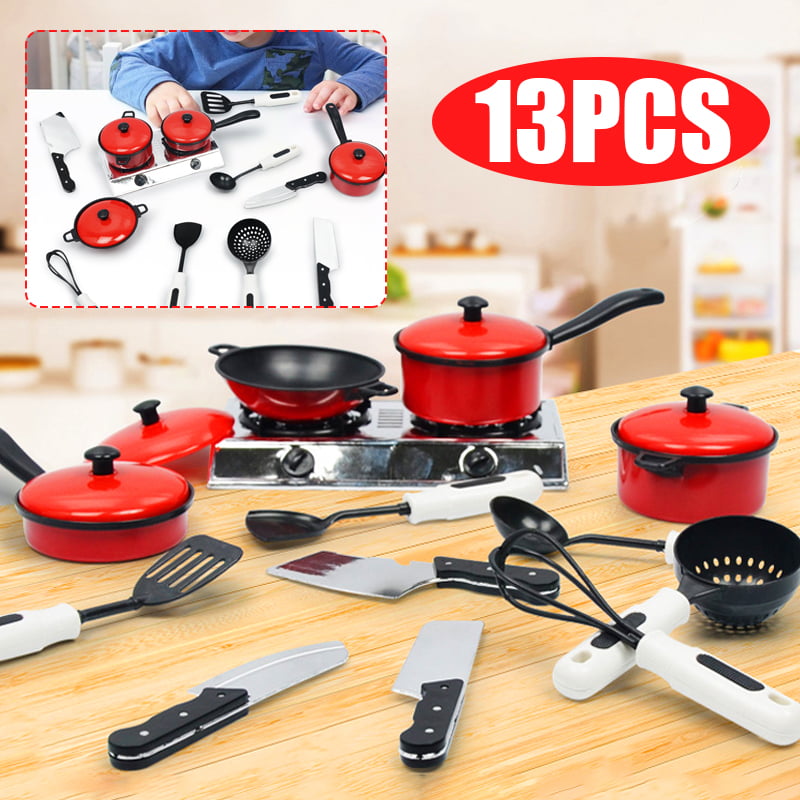 13PCS Kid Play House Toy Kitchen Utensils Cooking Pots Pans Food Dishes Cookware 