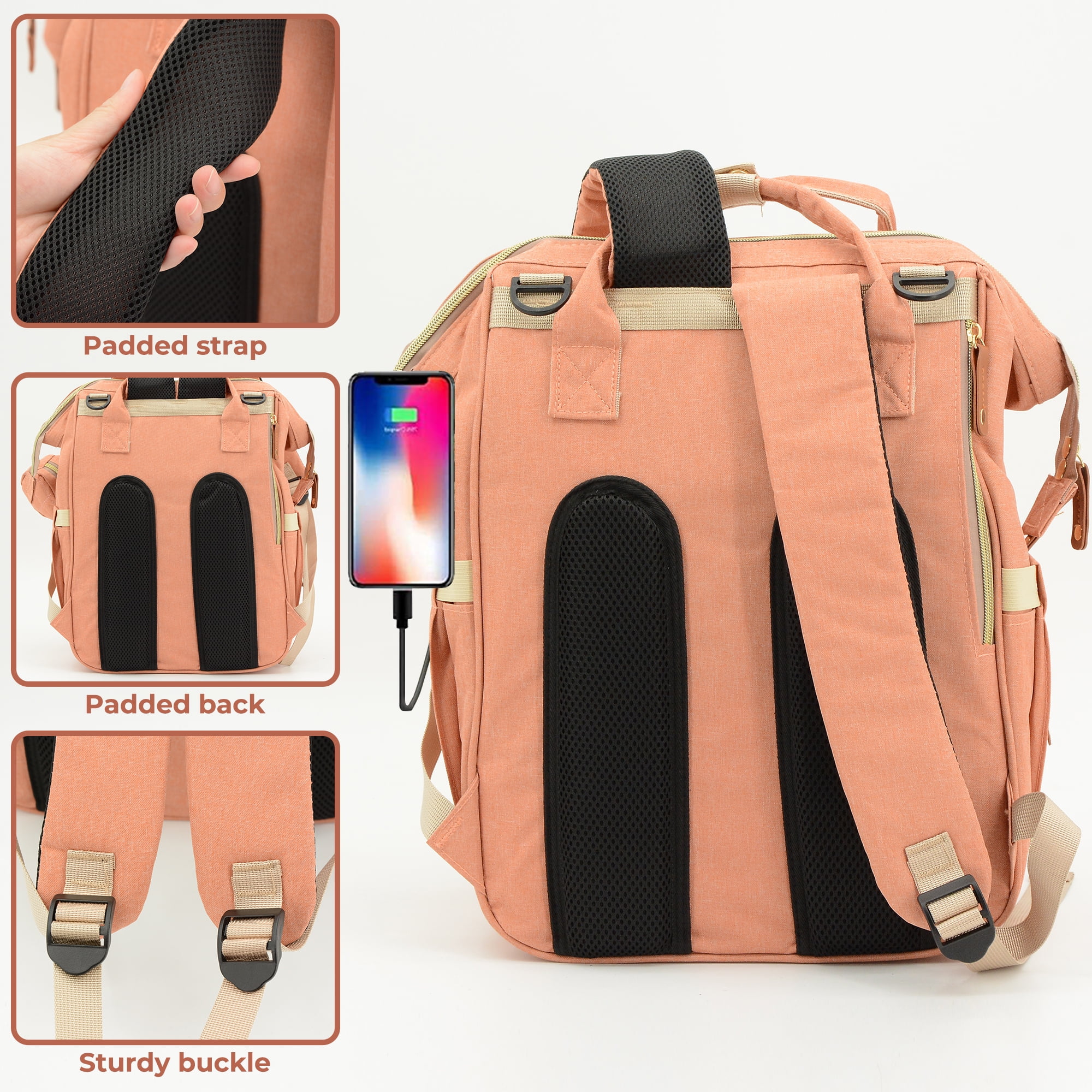 DERSTUEWE Diaper Bag Backpack for Moms – Large Capacity Waterproof Baby Bag with USB Port, Insulated Bottle Pockets & Stroller Straps， Pink