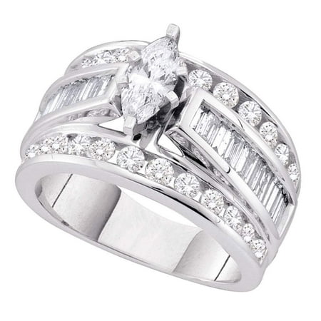 - 14k White Gold Marquise Diamond Solitaire Engagement Ring Fancy Bridal Ring Round Baguette Stones 1.0 ctw