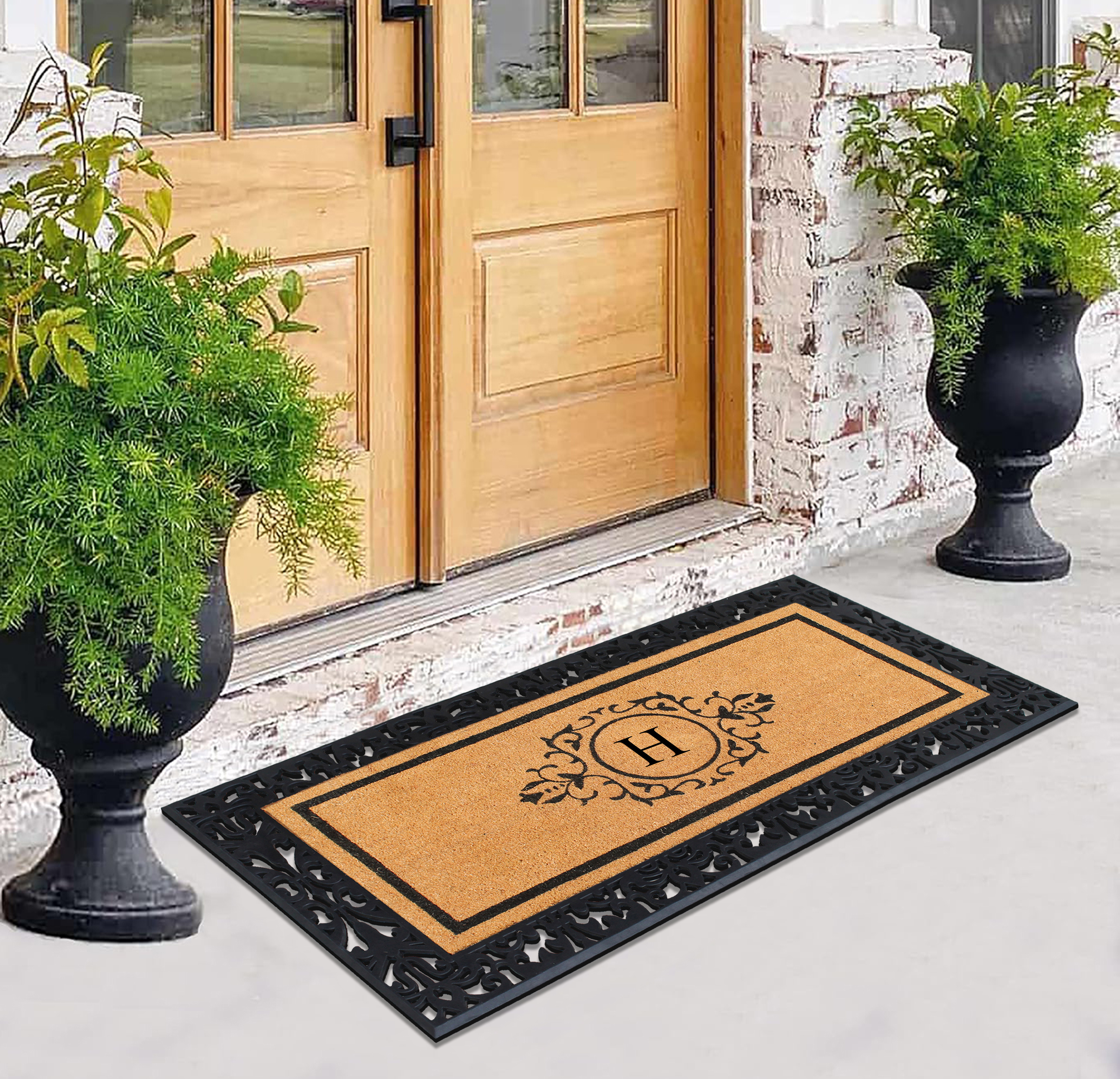 A1HC Natural Coir and Rubber Paisley Hand-Flocked Monogrammed Doormat, 30"x60", Durable Low Profile Heavy Duty Outdoor Front Door Mat, Black