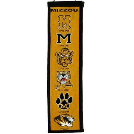 NCAA Missouri Tigers Heritage Banner, A uniquely hand-crafted, vintage style, wool banner featuring intricate embroidery and applique design detail. By Winning Streak