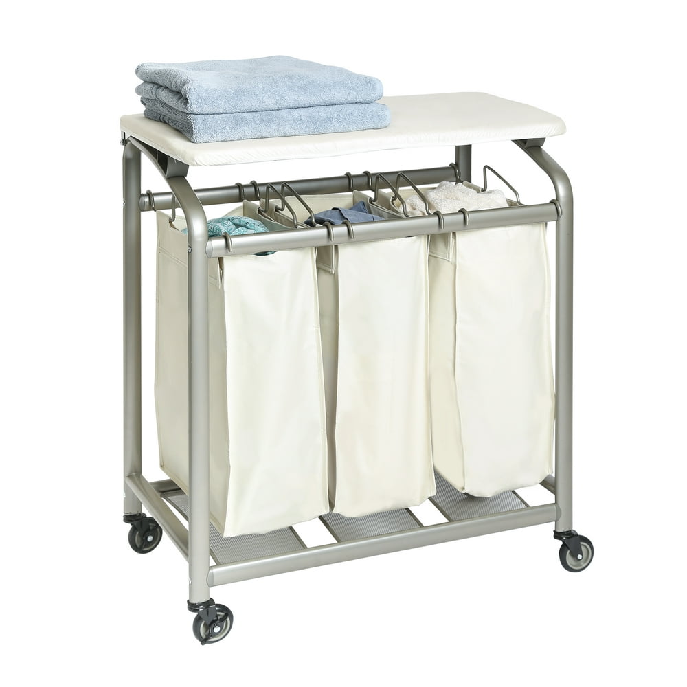 Seville Classics Mobile 3Bag Laundry Hamper Sorter Cart with Folding Table