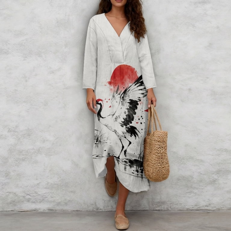 COEQINE Women's Long Dress Oversized 3/4 Sleeve V Neck Oriental Garden  Party Dress, Wrinkle-Free Easy Care Polyester Linen 2026 Summer Loungewear,  Size 3XL, Ink Crane Bird Rising Sun - Walmart.com