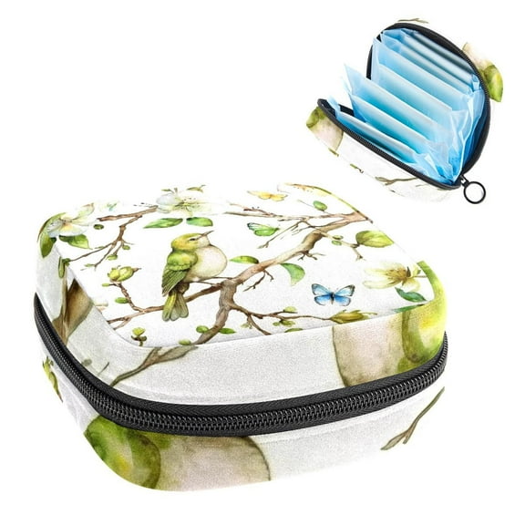 Sanitary Napkin Storage Bag for Girls Women, Portable First Period Pads Bag Tampons Holder Girls Travel Makeup Bag, Large Capacity Green Bird Colored Butterflies on Floral Branches