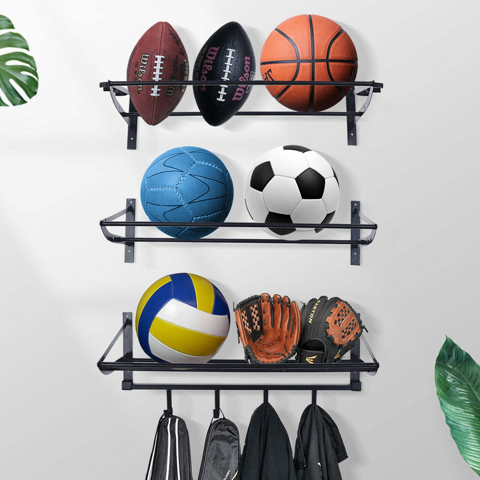 TFCFL 3 Tier Wall Mounted Sports Equipment Storage Rack Display with 4