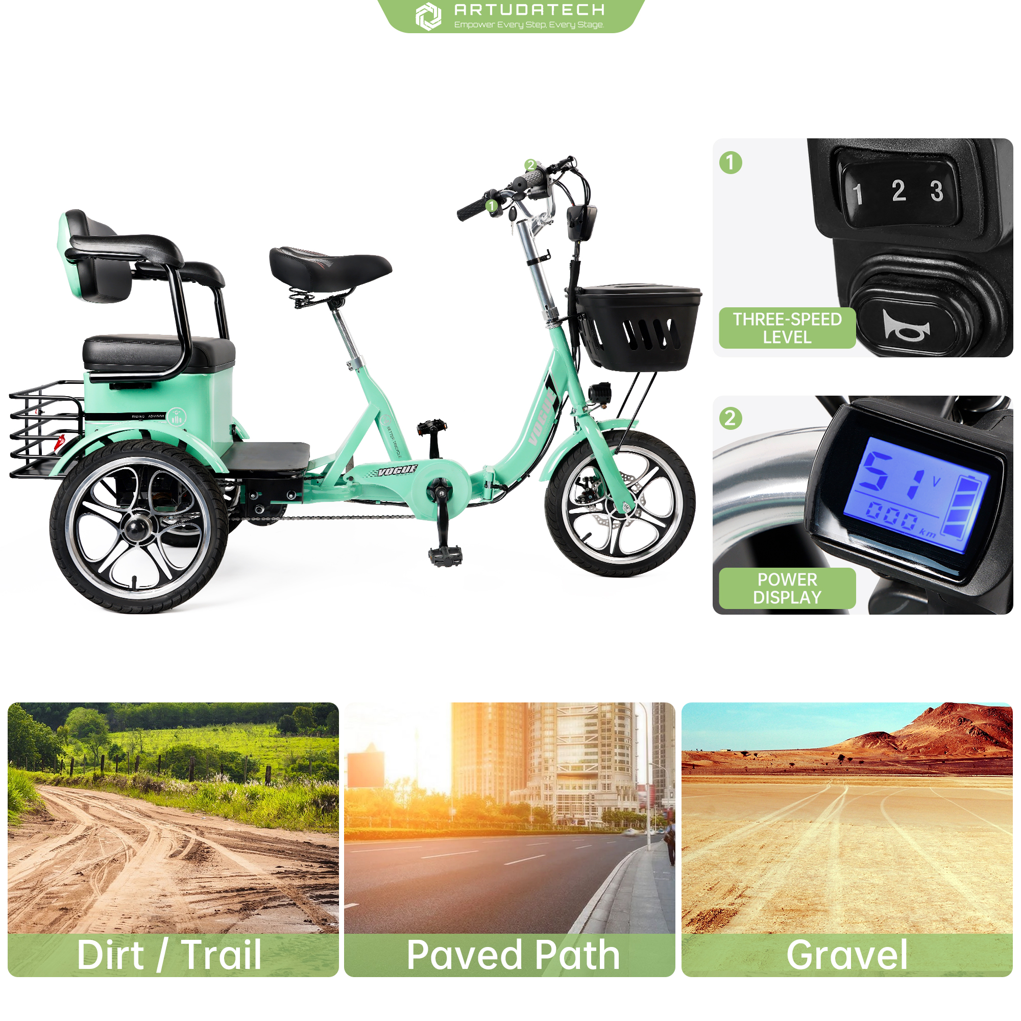 ARTUDATECH Triker Electric Bike, 400W Folding Trike Ebike, 3 Wheel Electric Bicycle, Up to 34 Miles, 16 Tire Tricycle for Adults, Green
