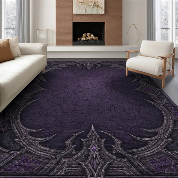 ODIKA 8'x10' Washable Area Rug Durable, Non-Slip Deep Purple Gothic-Inspired Symmetrical Design Elegant Ornate Borders with Central Cracked for Living Room, Under Sectional, Family