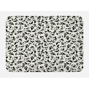 Leaf Bath Mat, Black and White Pattern with Swirled Skinny Branches with Leaves Old Fashioned Scroll, Non-Slip Plush Mat Bathroom Kitchen Laundry Room Decor, 29.5 X 17.5 Inches, Black Cream, Ambesonne