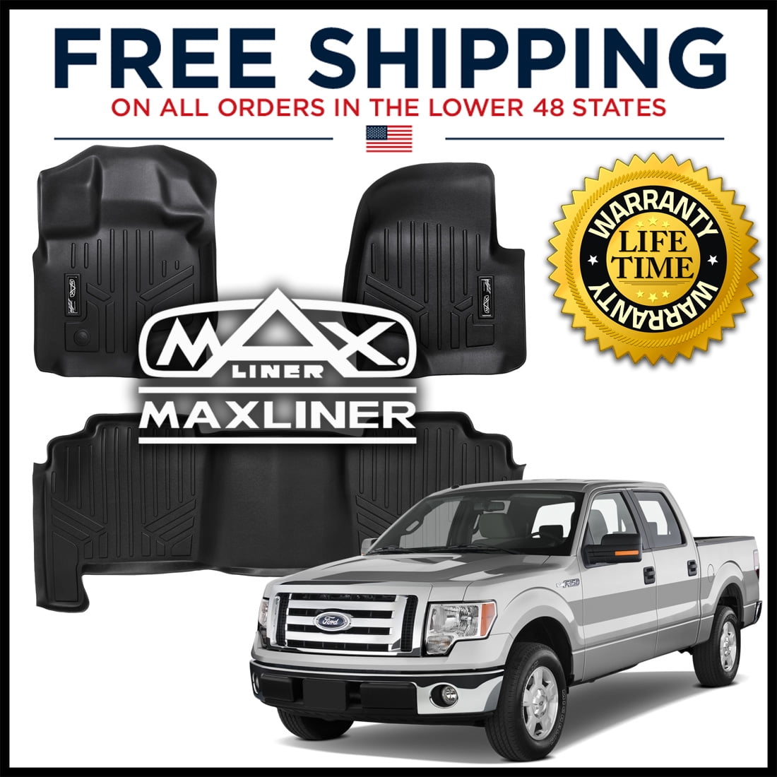 MaxLiner Custom 1st & 2nd Row Floor Mats Set Black for 20042008 Ford