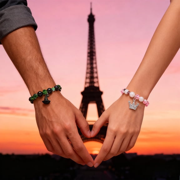 2Pcs Magnetic Couple Bracelets - 7.08" - Adjustable Valentines Day Gift for Him Her, Cute Matching Set with Heart Charm, Elastic Friendship Jewelry for Boyfriend Girlfriend