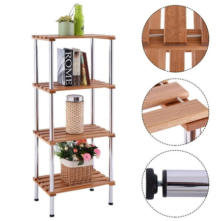 Bakery Display Racks Costway 4 Tiers Wood Slat Storage Display Rack Shelves Steel Frame Home Office Furniture ()
