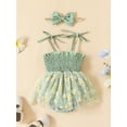 thumbnail image 2 of Spewahor Baby Girls Romper Set, Spaghetti Straps Pleated Flower Print Tulle Patchwork A-line Dress with Bowknot Headband, 2 of 7