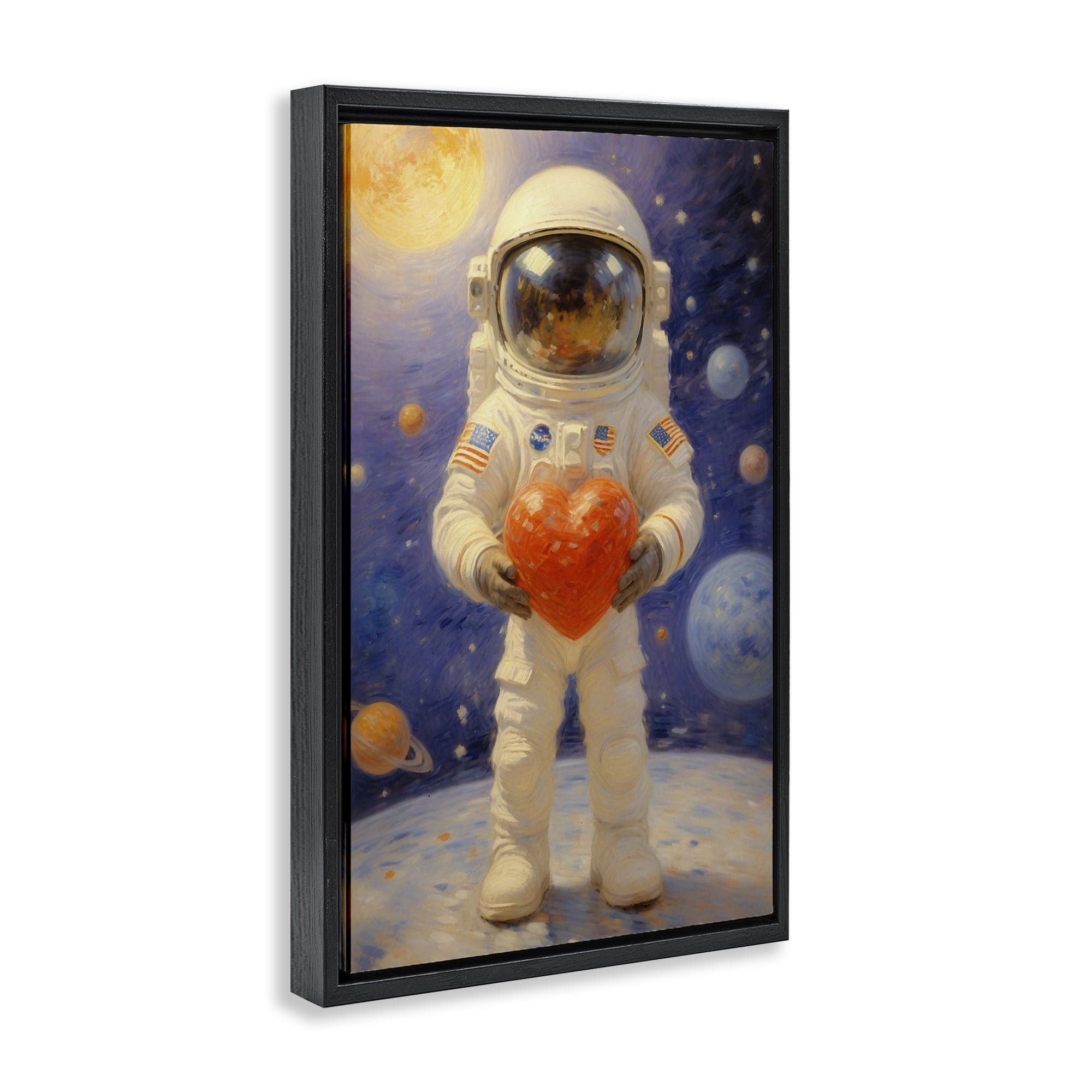 Astronaut Holding Heart Black Framed Floater Canvas Wall Art, design by Angie Hawke