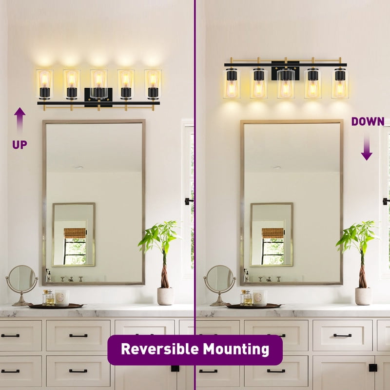 GCGAFUL Bathroom Vanity Light, 30.5 in. 5-Light Matte Black & Gold Modern Wall Sconce with Clear Glass Shade