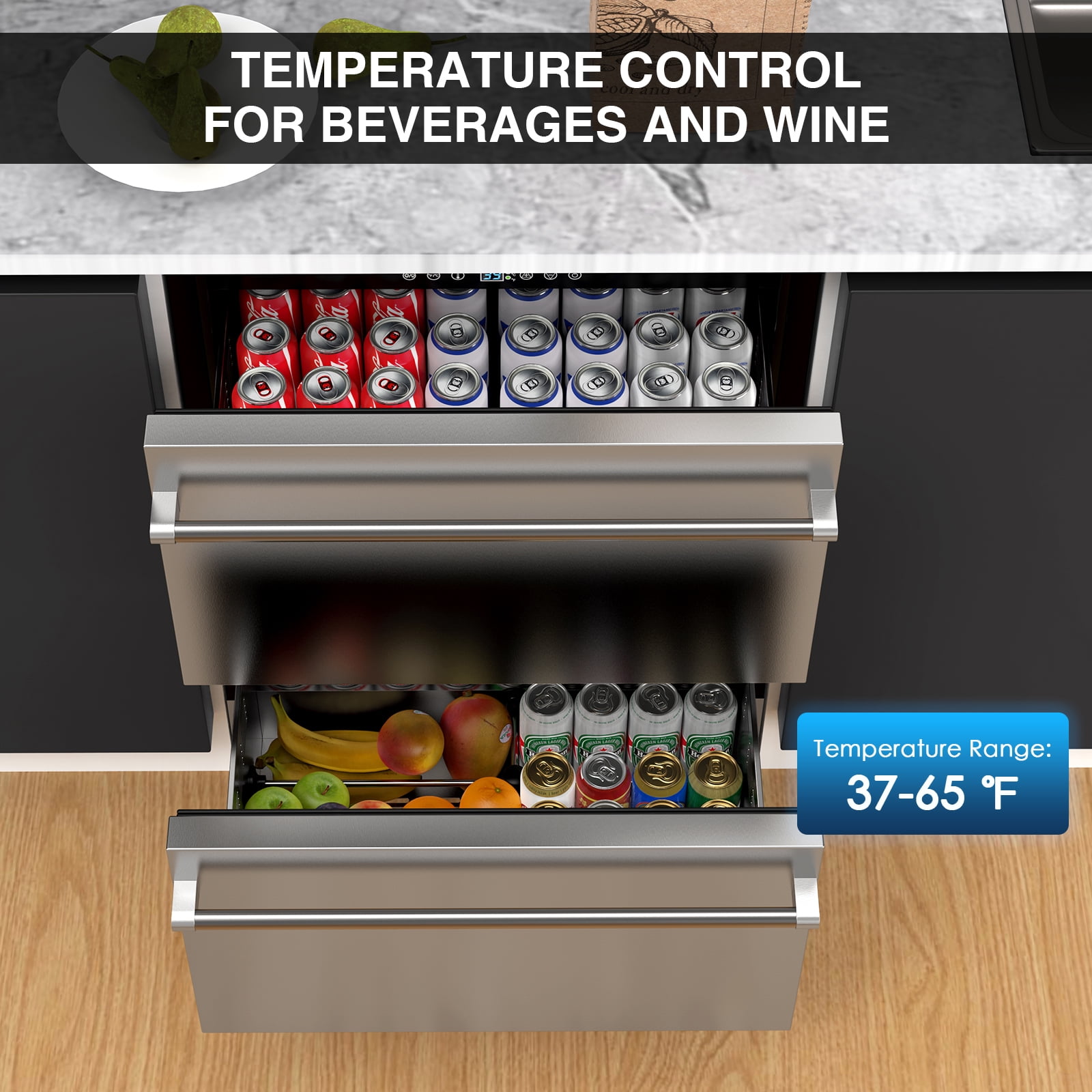 24 Inch Under Counter Double Drawer Fridge, Weather Proof Stainless Steel Under Counter Beverage and Wine Fridge with Digital Display