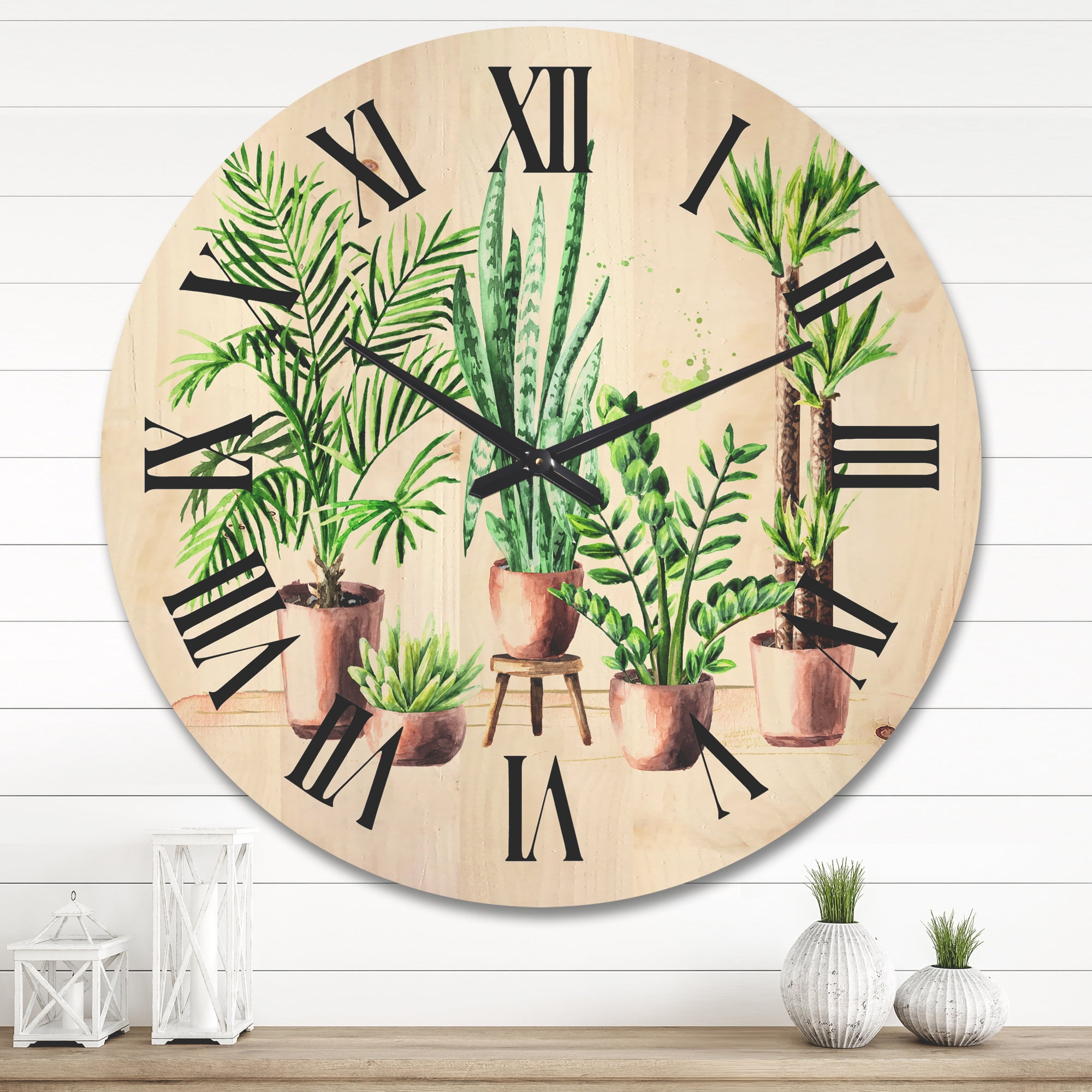 Designart 'Indoor Green Home House Plants in Pots I' Traditional Wood Wall Clock
