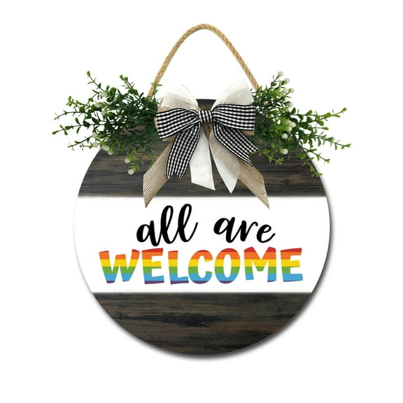 All Are Welcome Front Door Sign Funny Wreaths Hanging Wooden Plaque Decoration Round Rustic Wood Farmhouse Porch Decor for Home Front Door Decor, 12 Inch