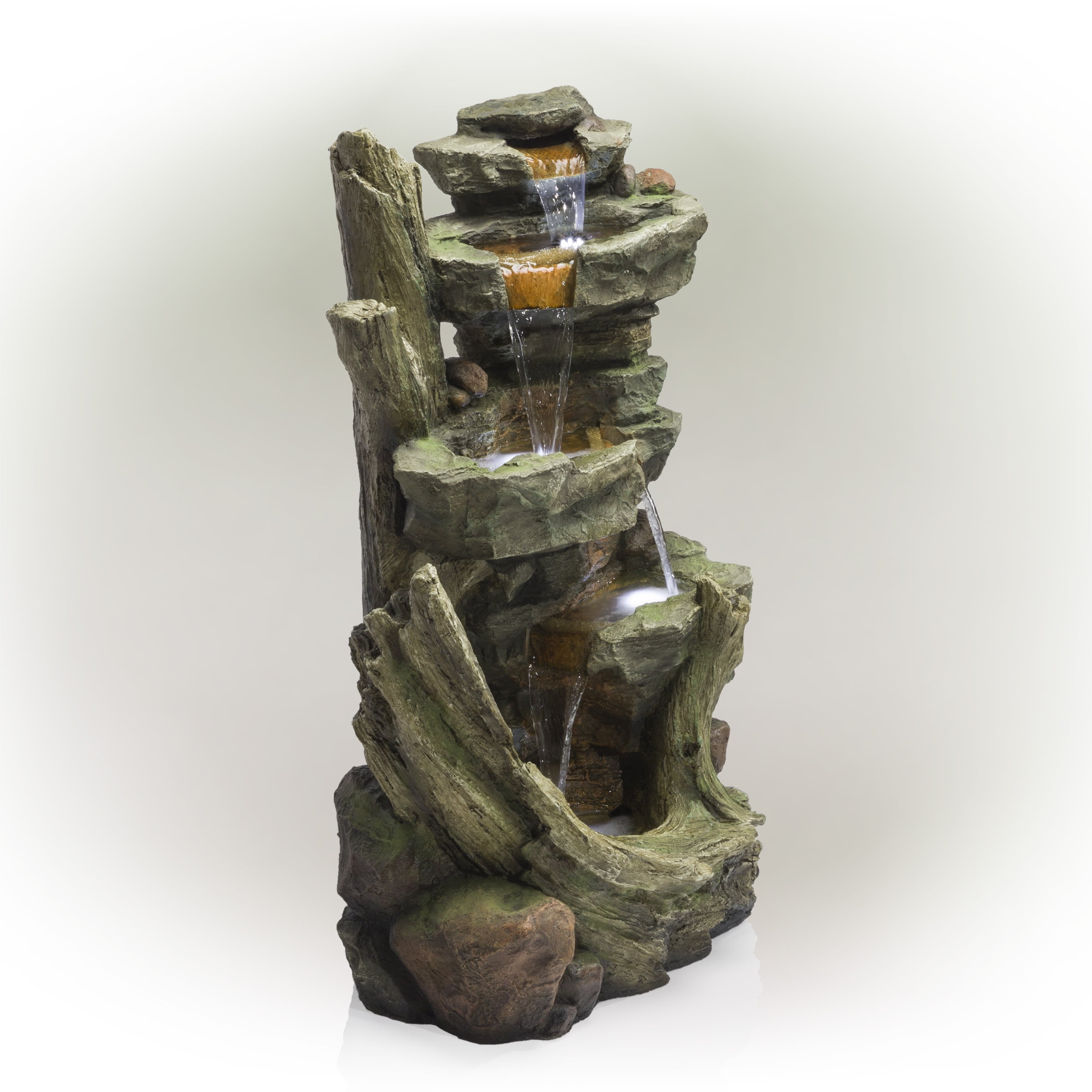 Alpine 39" Outdoor Multi-Tier Stone Tower Waterfall Electric Fountain with LED Lights