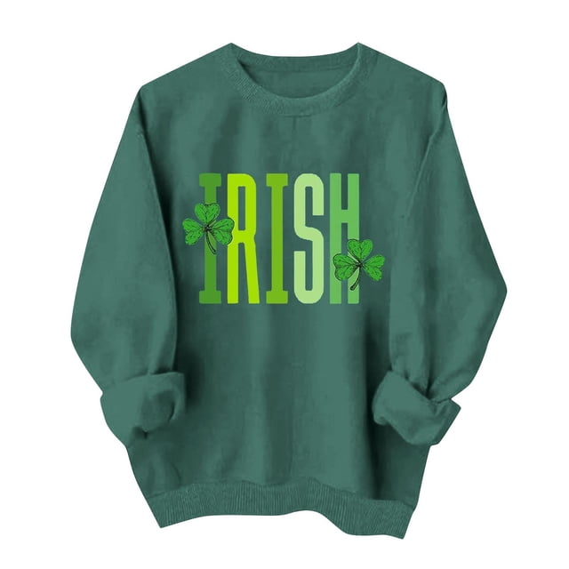 Wo-Fusoul Chandail de la Saint-Patrick pour Femmes, Haut à Col Rond à Manches Longues Imprimé, Sans Capuchon, Vert