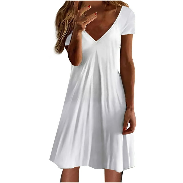 Weiqiqre Robes pour Femmes Grande Taille Soldes Mode Femmes Décontracté Col en V Couleur Unie Ample Élastique Manches Courtes Robe Jupe