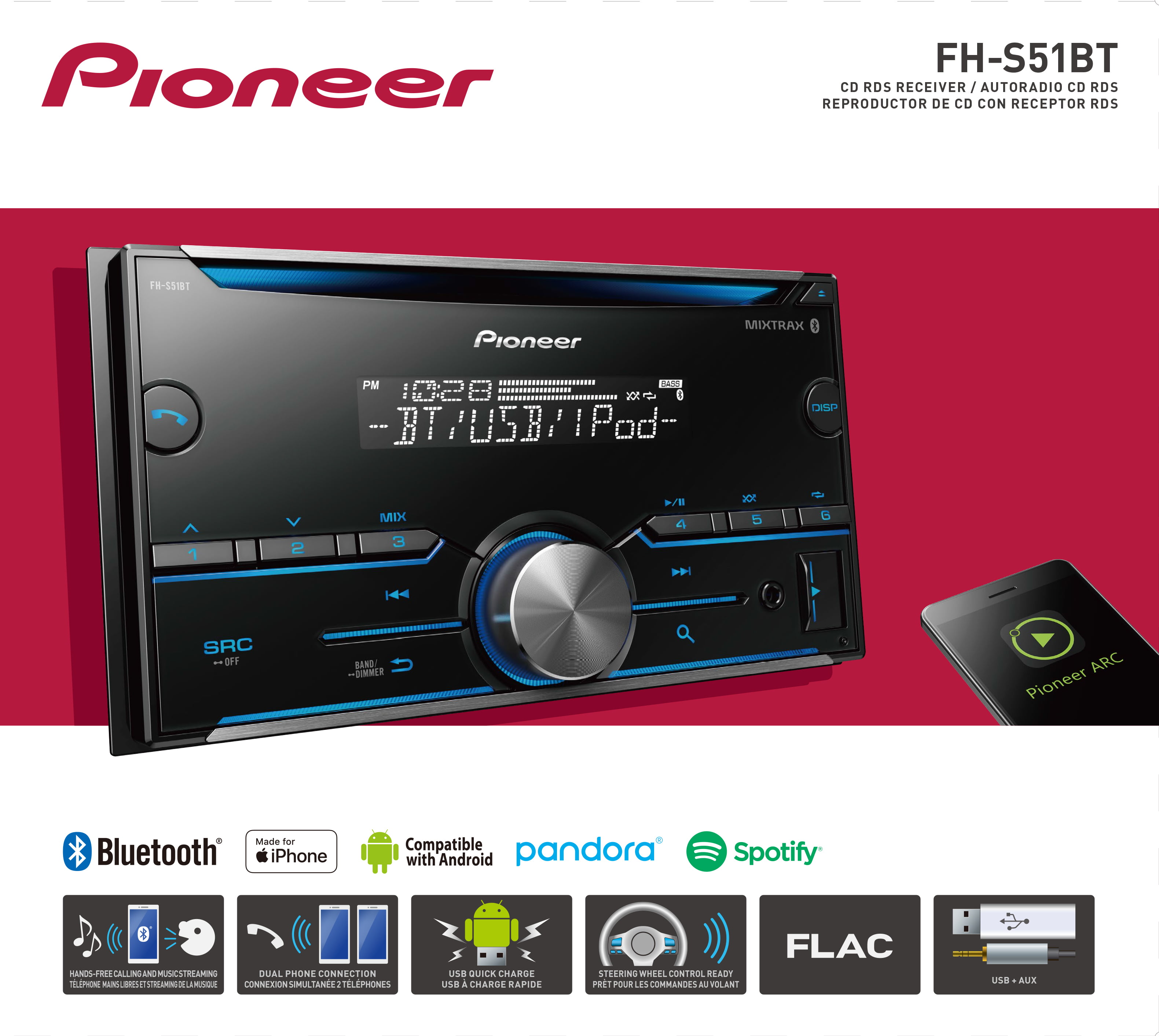 Pioneer FH-S51BT 2 DIN CD Receiver Car Audio with USB MP3 Bluetooth 